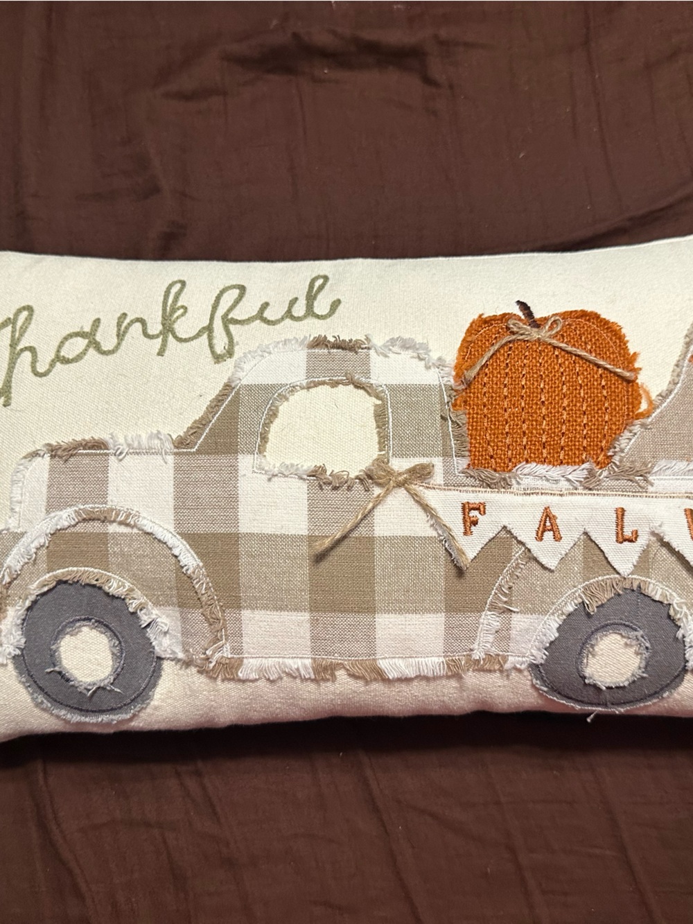 Mud Pie Autumn Truck Pillow in Beige, Orange, Cream